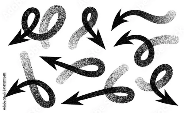 Fototapeta Collection of textured black arrows with swirling and curved forms pointing in various directions on a white background.