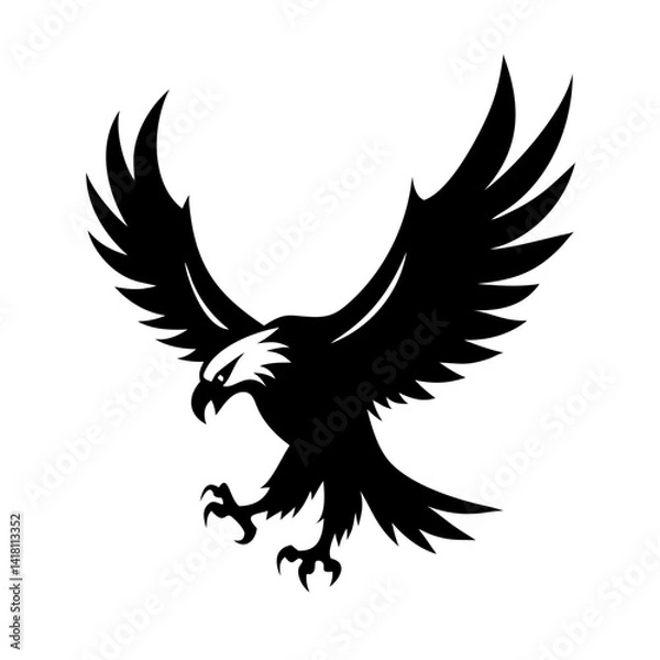 Fototapeta A black vector silhouette of a flying eagle, a majestic bird with powerful wings, evokes freedom