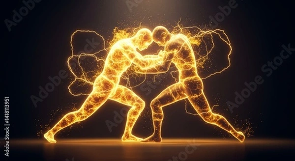 Fototapeta Energetic Wrestling Duel: Two Luminescent Figures Locked in Dynamic Contest