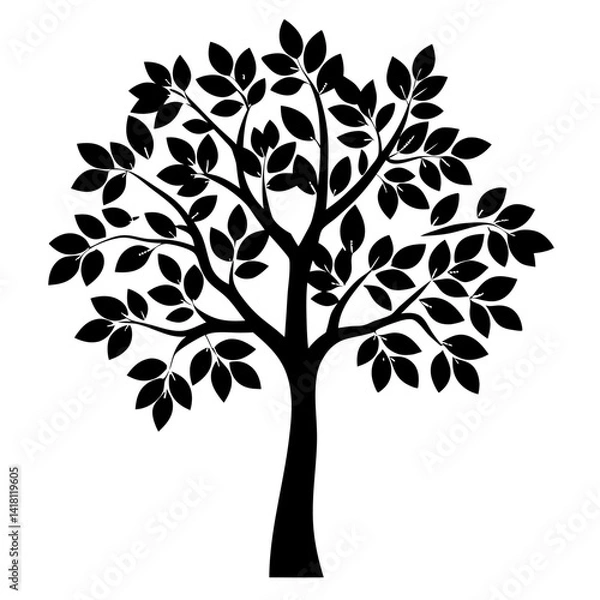 Fototapeta Stylized black tree silhouette with dense leaf canopy on a white background