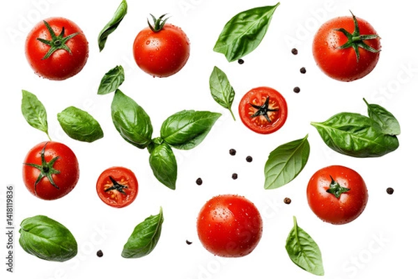 Obraz Tomatoes and Basil Composition Floating Red Tomatoes, Basil Leaves, Isolated on Transparent Background, Food Photography, tomato, basil, food