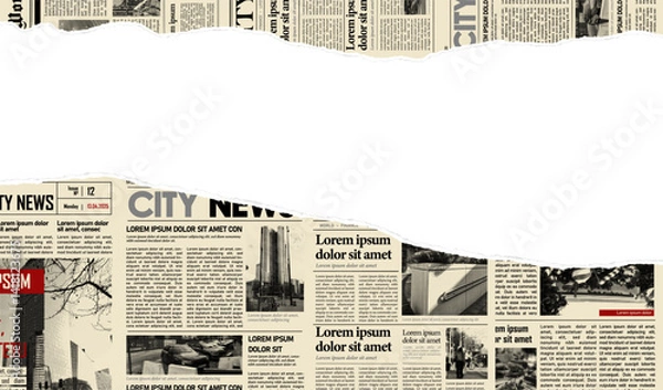 Obraz Torn newspaper border banner. Jagged edges. Collage halftone elements. Frame and place fo text. Concept from paper scraps on white background. Trendy design template. Vector illustration