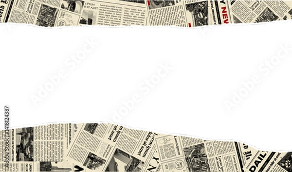 Obraz Torn newspaper border banner. Jagged edges. Collage halftone elements. Frame and place fo text. Concept from paper scraps on white background. Trendy design template. Vector illustration