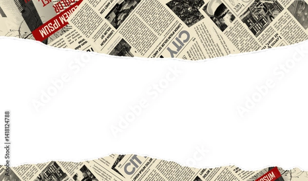 Fototapeta Torn newspaper border banner. Jagged edges. Collage halftone elements. Frame and place fo text. Concept from paper scraps on white background. Trendy design template. Vector illustration