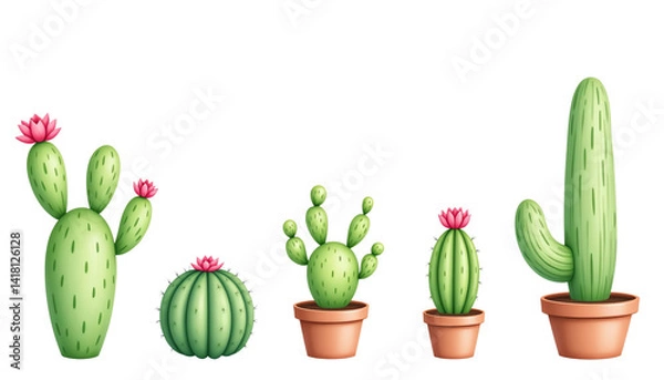 Fototapeta Vibrant collection of potted cacti plants.