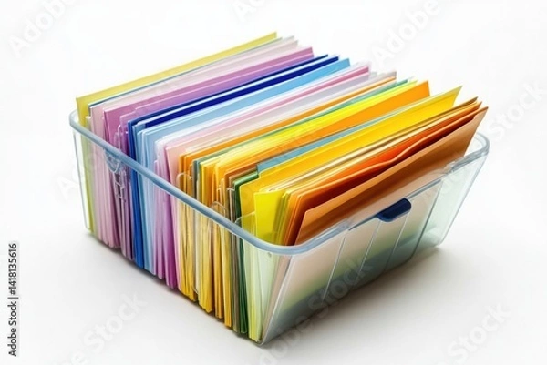 Fototapeta A clear plastic container filled with color-coded papers and folders, organized neatly.