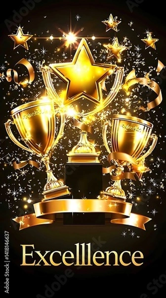 Obraz A gold star is surrounded by three golden cups and a ribbon