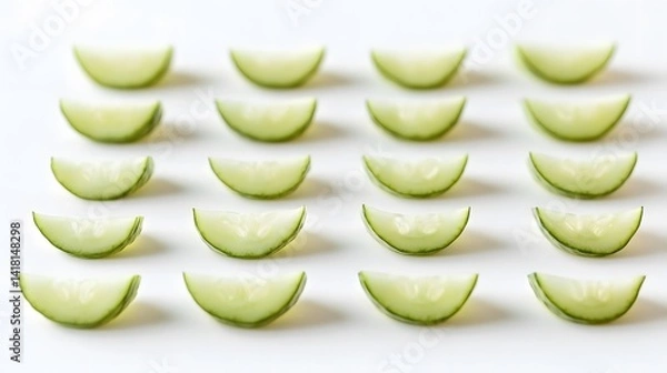 Fototapeta A flatlay image of twenty perfectly arranged cucumber slices on a white background, creating a clean and refreshing visual pattern.