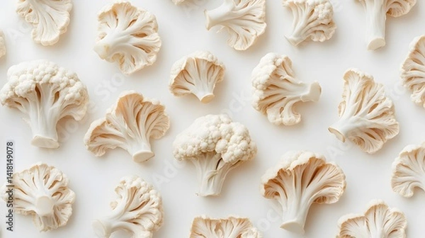 Fototapeta Overhead shot of multiple cauliflower florets arranged in a repeating pattern on a white background. The florets are creamy white and vary in size and shape, creating a visually appealing texture.