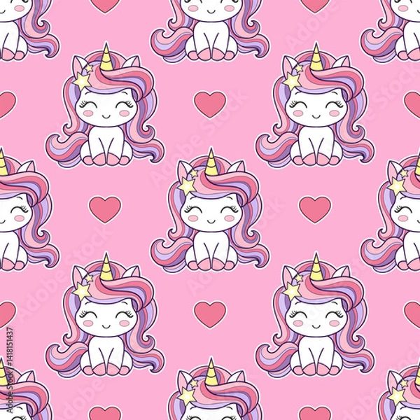 Obraz Seamless pattern with small, cute, kawaii unicorns and hearts on pink background. For children's fabric design, wallpapers, backgrounds, prints, posters, wrapping paper, etc. Vector
