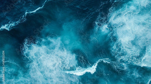 Fototapeta Aerial Close-Up of Deep Blue Ocean Waves. Powerful and Dynamic Water Texture