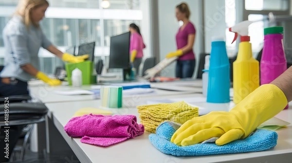 Fototapeta Office table being cleaned while team works in background Tidy workspace environment