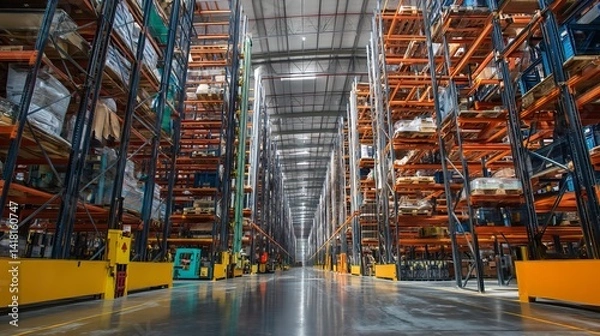 Obraz Wide distribution warehouse with tall shelves and loaders Viewed from below