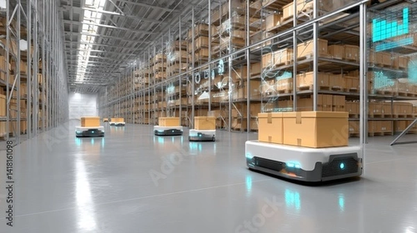 Obraz 3D concept of robots delivering packages in warehouse Future technology and logistics with digital infographics
