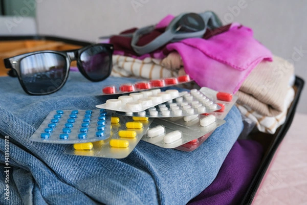 Obraz Women's clothing and pills in a travel bag. Concept of medication required in journey