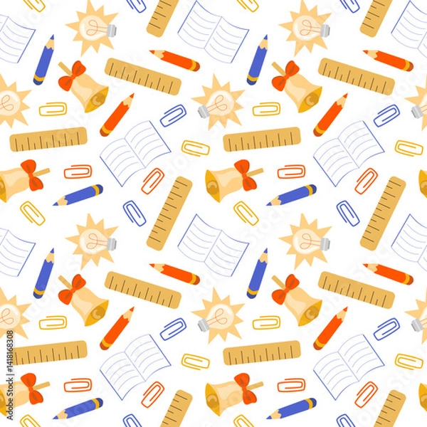 Obraz Seamless school-themed pattern with bells, pencils, rulers, and notebooks. Great for Back to School, Knowledge Day, wrapping paper, fabric, stationery, classroom decor, and digital use.