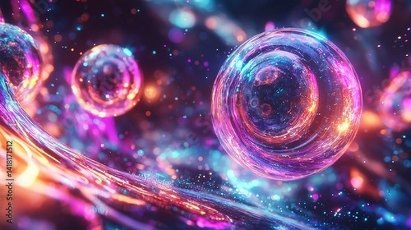 Fototapeta Neon Cyberpunk Holographic Network Orbs