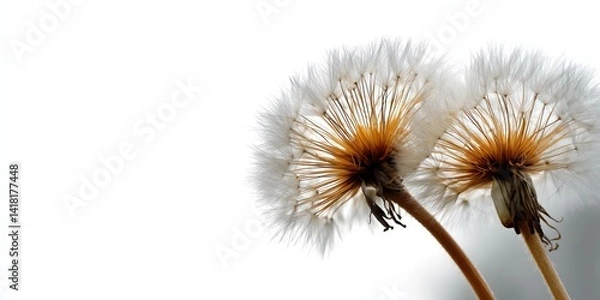 Fototapeta Two elegant dandelion heads stand side by side, inviting wishes and dreams against a clean white background, symbolizing hope and new beginnings.