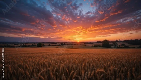 Fototapeta Golden Wheat Field Under Dramatic Sunset Sky with Colorful Clouds