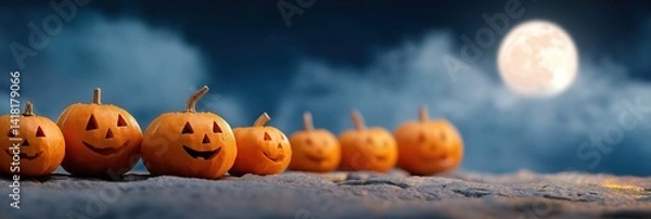Obraz A charming arrangement of smiling jack-o'-lanterns illuminated by moonlight, embodying the whimsical spirit of Halloween and evoking a sense of nostalgia and joy in the air.