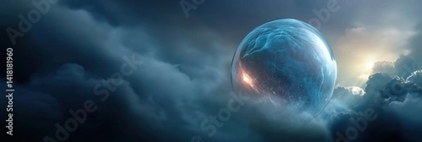 Fototapeta A captivating futuristic abstract globe surrounded by clouds, representing technology, innovation, and the vast interconnectedness of our world in a dreamlike atmospheric setting.