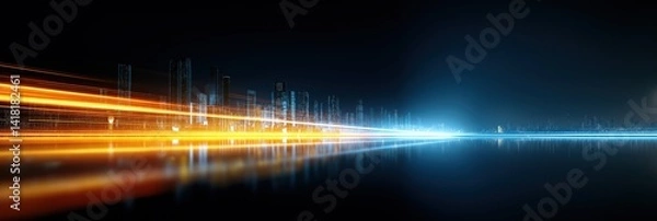 Fototapeta A mesmerizing cityscape featuring illuminated skyscrapers and dynamic light trails, symbolizing the fast-paced urban life and technological advancements in the modern world.