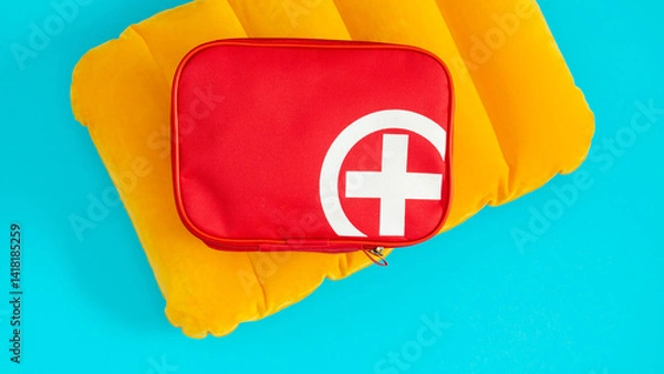 Fototapeta Summer sea vacation. A bright image of a red first aid kit with a white cross and an inflatable cushion for swimming on the water on a blue background.