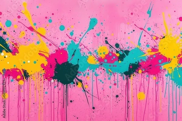 Fototapeta A vibrant abstract painting featuring splashes of yellow, teal, black, and pink against a bright pink background, creating a lively and energetic visual effect.