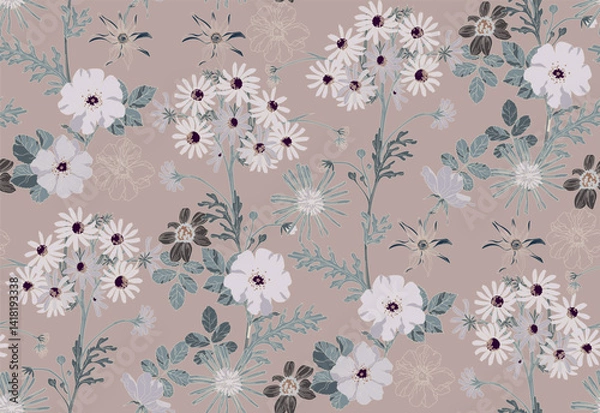 Fototapeta Flowers and leaves in vintage style, seamless pattern	
