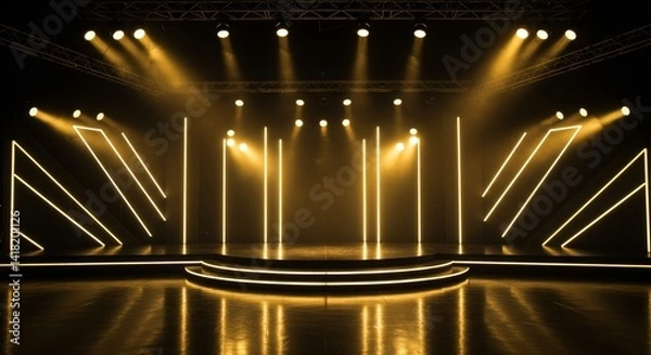 Fototapeta Illuminated Stage Platform Design - Empty stage with golden lights and geometric lines, perfect for award shows, concerts, or presentations