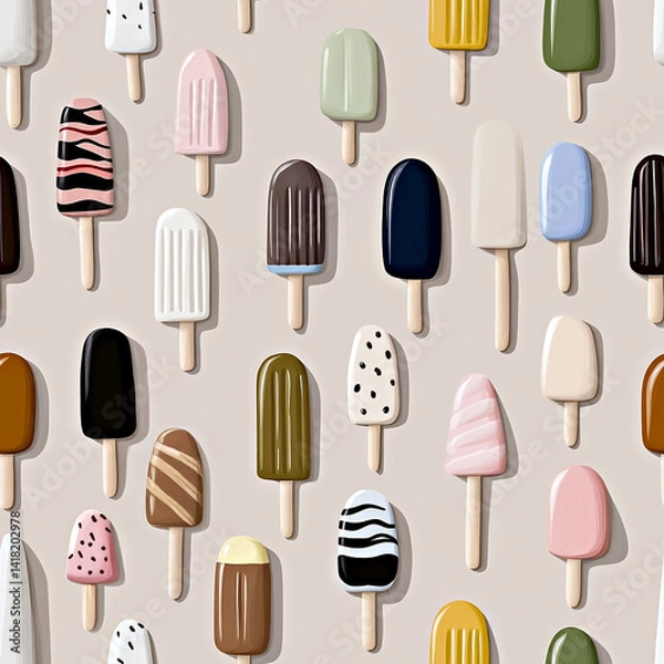 Obraz Seamless pattern of many colorful ice cream pops with sticks in unique design on light beige background