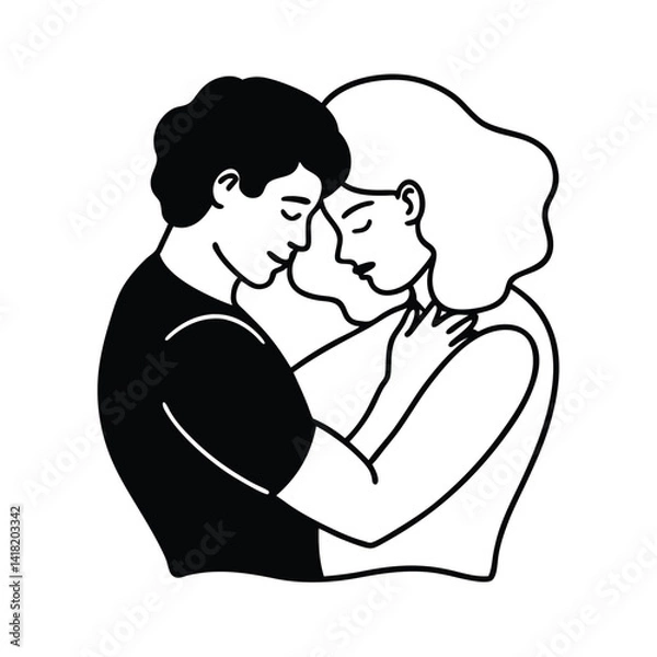 Fototapeta Minimalist Line Art Of Loving Couple Embracing Each Other Tenderly In Black And White Style Graphic