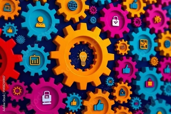 Obraz Colorful Gears Interlocking, Teamwork Concept

