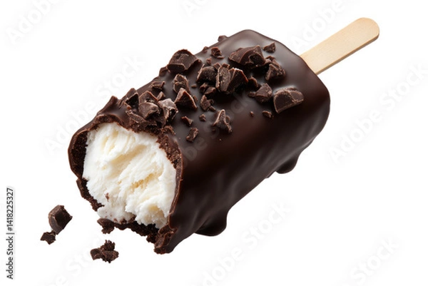 Fototapeta A decadent chocolate-covered ice cream bar, a tempting summer treat with rich dark chocolate and creamy vanilla ice cream, finished with crunchy chocolate chips and a wooden stick.