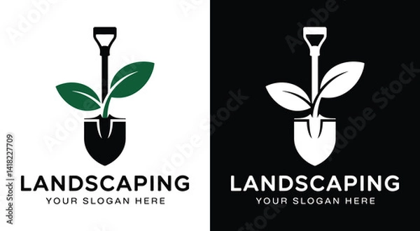 Obraz Professional shovel and leaf logo for landscapers representing garden transformations and sustainable outdoor designs