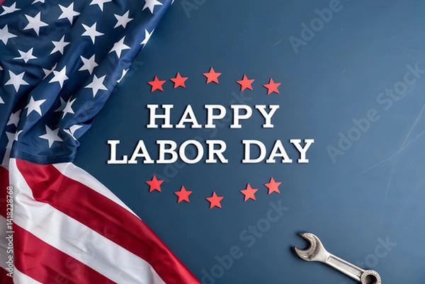 Fototapeta Happy Labor Day American Flag and Wrench on Blue Background