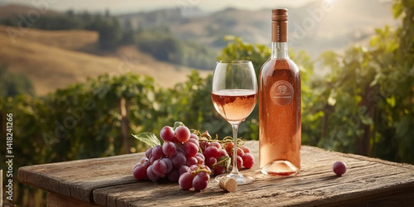 Obraz Rose wine bottle and glass on rustic wooden table, grapes nearby, vineyard background, showcasing wine tasting concept