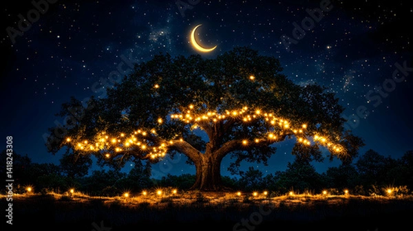 Fototapeta Glowing tree under a starry night with a crescent moon Lit by strings of lights and ground level lamps