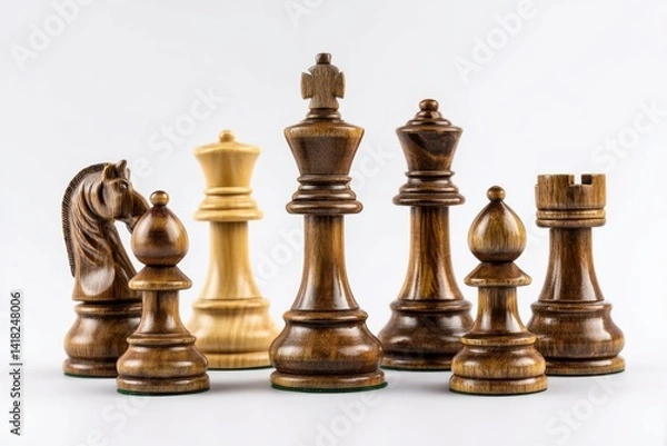 Fototapeta Classic wooden chess pieces arranged for an opening move against a white background in studio lighting