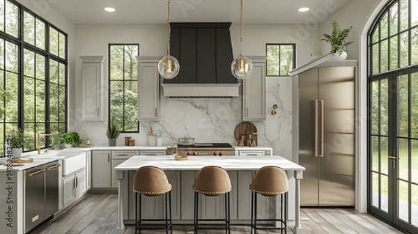 Obraz Elegant kitchen features a marble backsplash gray cabinets natural light black accents and brown stools at an island