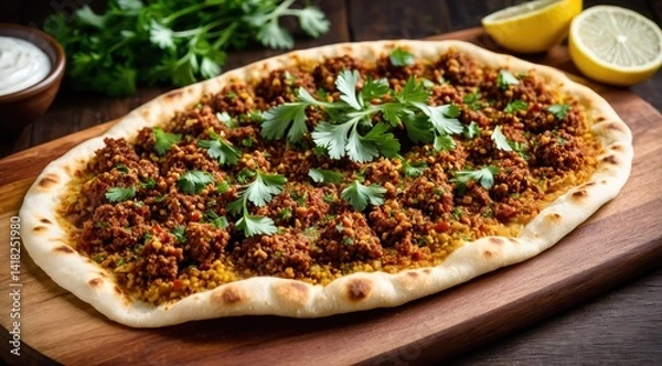 Obraz A traditional Turkish lahmacun topped with seasoned minced meat and fresh herbs is presented on a rustic wooden board, accented by vibrant lemon and parsley