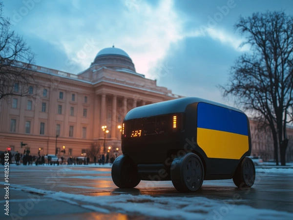 Fototapeta a food delivery robot taxi, on the square in front of the central government building. low key