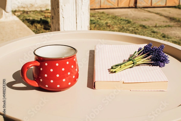 Obraz A bouquet of garden spring flowers on the table next to a book and a cup of coffee, morning in the yard, relaxation, sunny day
