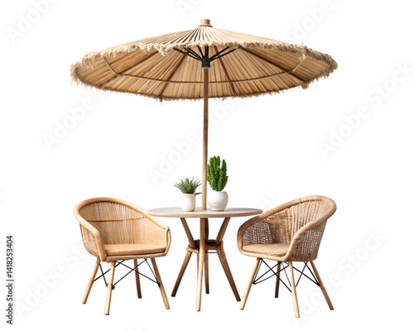 Fototapeta Rattan Patio Set Under Straw Umbrella