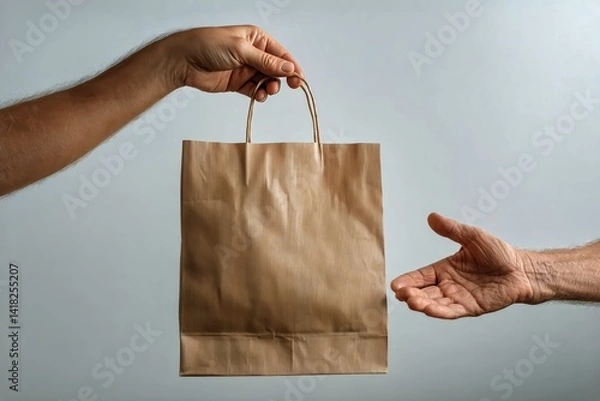 Fototapeta Hands Exchanging a Brown Paper Bag in a Simple Setting With Neutral Background