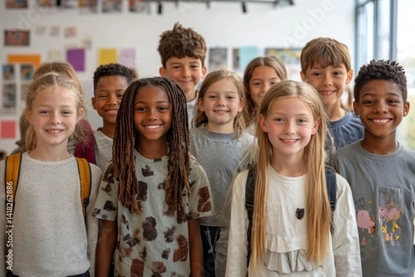 Fototapeta Happy diverse junior school students children group looking at camera standing in classroom. Smiling multiethnic cool kids boys and girls friends posing for group portrait