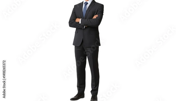 Obraz A man in a black suit with his arms crossed standing on a white background