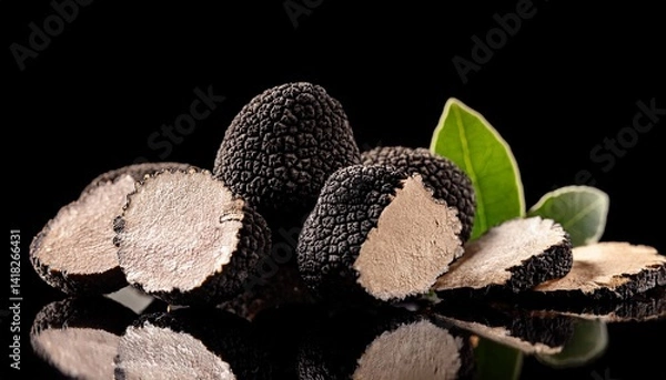 Obraz Black truffles and slices on black