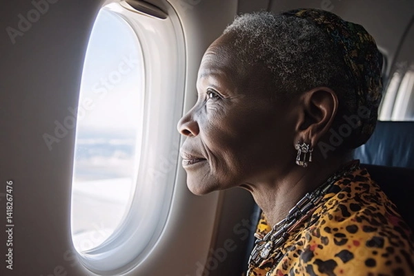 Fototapeta Woman gazes thoughtfully out of an airplane window during a flight, reflecting on her journey and experiences