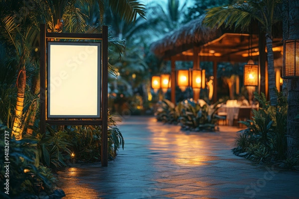 Fototapeta generic outdoor night shot of luxury resort or hotel like reception and fine dining restaurant with blank empty signboard mockup - Generative AI